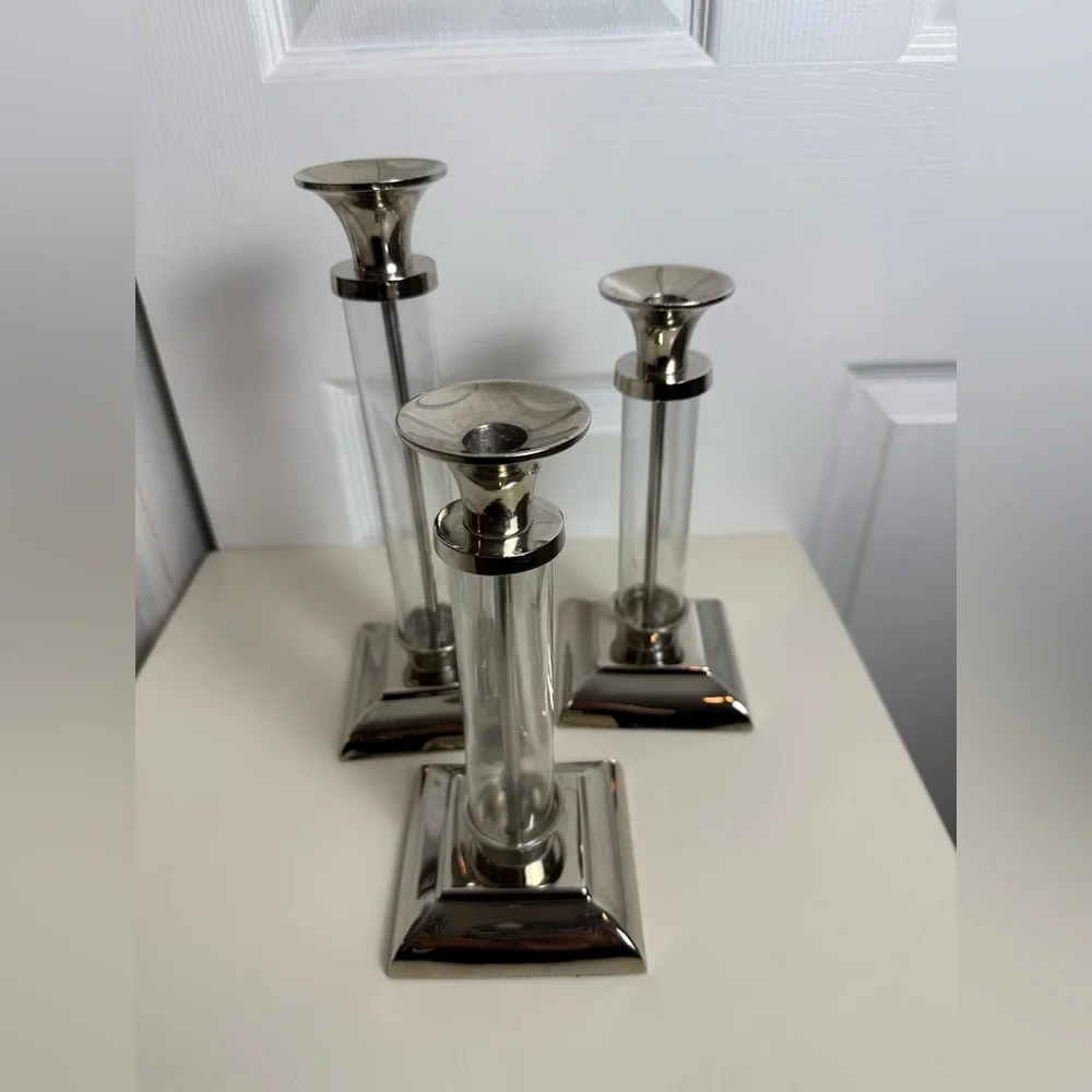 Pottery Barn Amelia Glass & Chrome Candlestick Holder Set of 3 Candle Holders